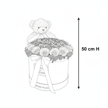 Aranjament Lux Trandafiri Săpun Violet-Roz, Ursulet Gri