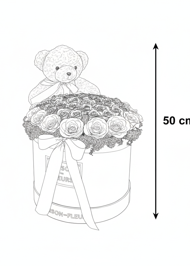 Aranjament Lux Trandafiri Săpun Violet-Roz, Ursulet Gri