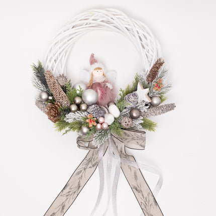 Coroniță Crăciun "Silver Angel" pe Lemn Natural Alb
