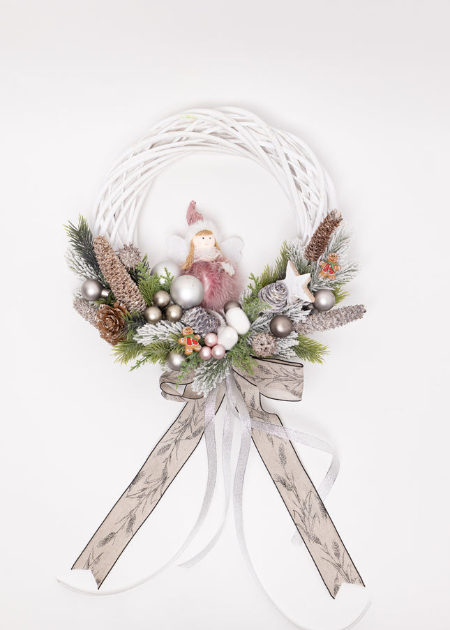 Coroniță Crăciun "Silver Angel" pe Lemn Natural Alb