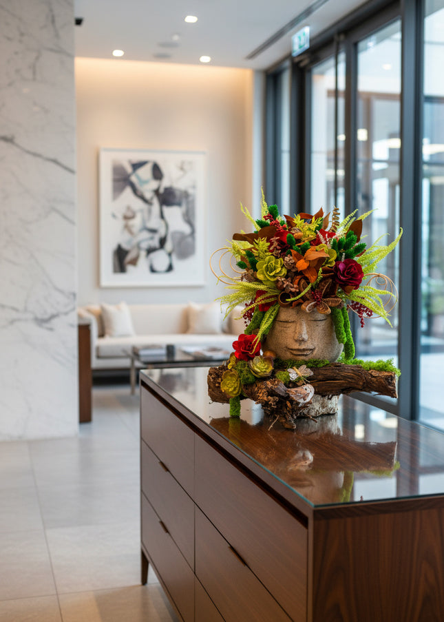 Aranjament floral „Forest Harmony” în bust decorativ – compoziție naturală cu accente verzi și roșii
