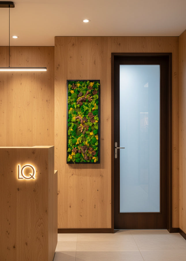 Tablou Biophilic Vertical „Vertical Forest Stream” – Panou Handmade XXL cu Mușchi Stabilizați și Relief Botanic Premium
