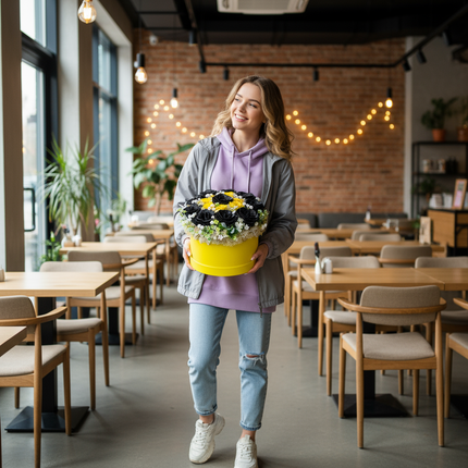 Aranjament Lux Trandafiri Săpun Negri Glitter & Galbeni