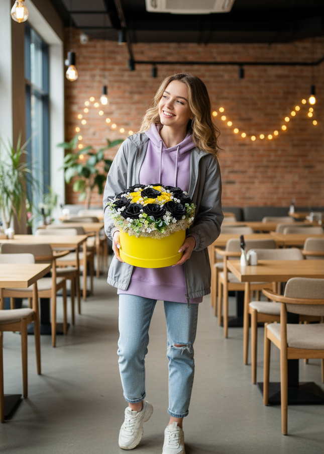 Aranjament Lux Trandafiri Săpun Negri Glitter & Galbeni