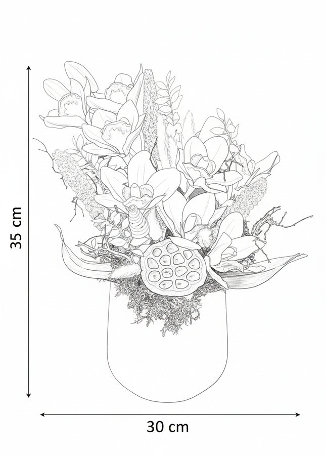 Aranjament Floral „Cymbidium Gold” în Vas Mat – Creație Handmade cu Orhidee Galbene și Accente Botanice Exotice