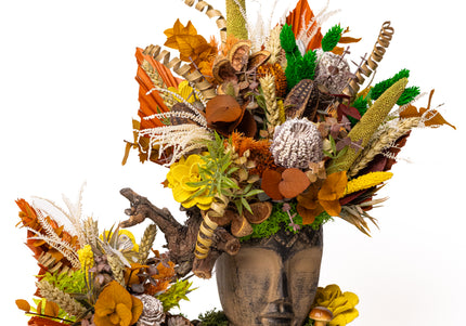 Aranjament floral „Autumn Spirit” în bust sculptural – compoziție rustică cu flori uscate și elemente naturale
