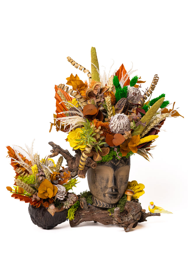 Aranjament floral „Autumn Spirit” în bust sculptural – compoziție rustică cu flori uscate și elemente naturale