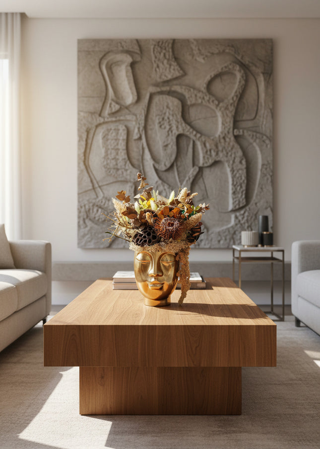 Aranjament Floral „Earthly Muse” în Vas Sculptural Auriu – Creație Handmade cu Banksia, Lotus și Texturi Organice Neutre
