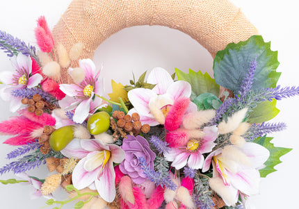 Coroniță Florală Handmade „Boho-Chic Dream” – Aranjament cu Iută, Flori Exotice și Accente de Lavandă