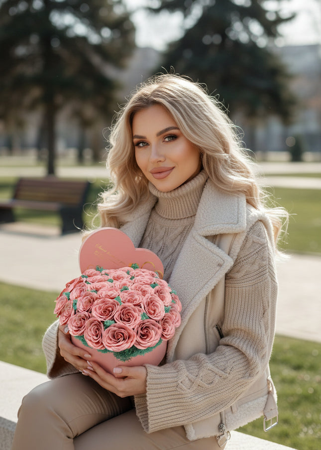 Aranjament "Pink Serenity" în Cutie Inimă Roz Pastel