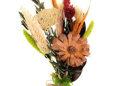 Mini-Aranjament Floral „Rustic Harvest” în Suport de Scoarță – Decor cu Flori Uscate, Grâu și Accente Bordo