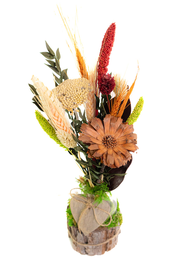 Mini-Aranjament Floral „Rustic Harvest” în Suport de Scoarță – Decor cu Flori Uscate, Grâu și Accente Bordo