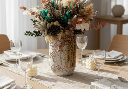 Aranjament Floral „Emerald & Earth” în Vază Ceramică Înaltă – Decor Premium cu Protea, Eucalipt Arămiu și Accente Turcoaz