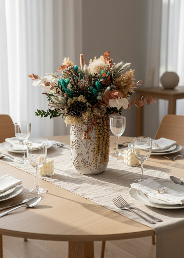 Aranjament Floral „Emerald & Earth” în Vază Ceramică Înaltă – Decor Premium cu Protea, Eucalipt Arămiu și Accente Turcoaz