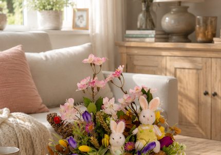 Aranjament floral de Paște „Spring Bunnies” – cu iepurași decorativi