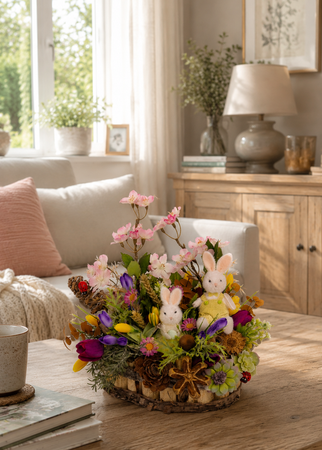 Aranjament floral de Paște „Spring Bunnies” – cu iepurași decorativi