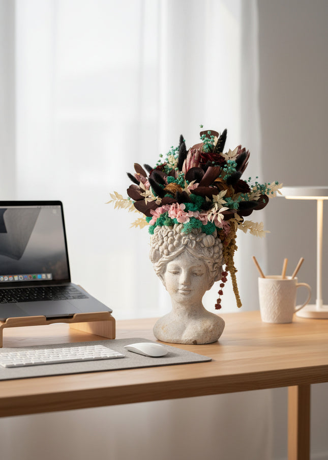 Aranjament floral „Velvet Muse” în bust sculptural – protea, hortensie și accente botanice