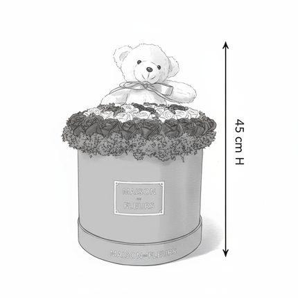 Aranjament Lux Trandafiri Săpun Mov-Alb, Ursulet Pufos