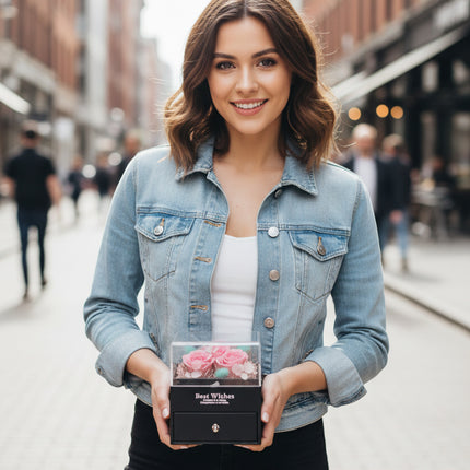 Aranjament 3 Trandafiri Criogenați Roz, Cutie Acrilică "Best Wishes"