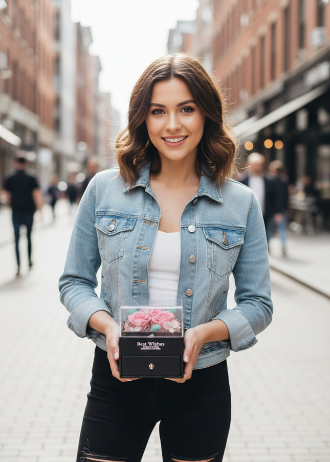 Aranjament 3 Trandafiri Criogenați Roz, Cutie Acrilică "Best Wishes"