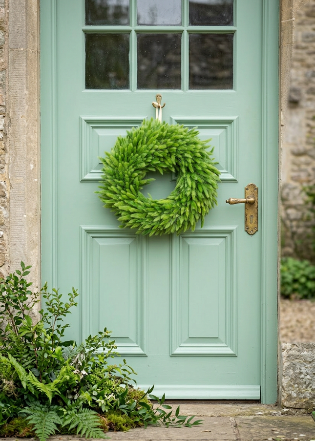 Coroniță decorativă „Green Fluffy” – decor minimalist din iarbă ornamentală