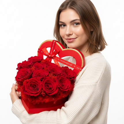 Aranjament Inimă Lux, 11 Trandafiri Criogenați Roșii