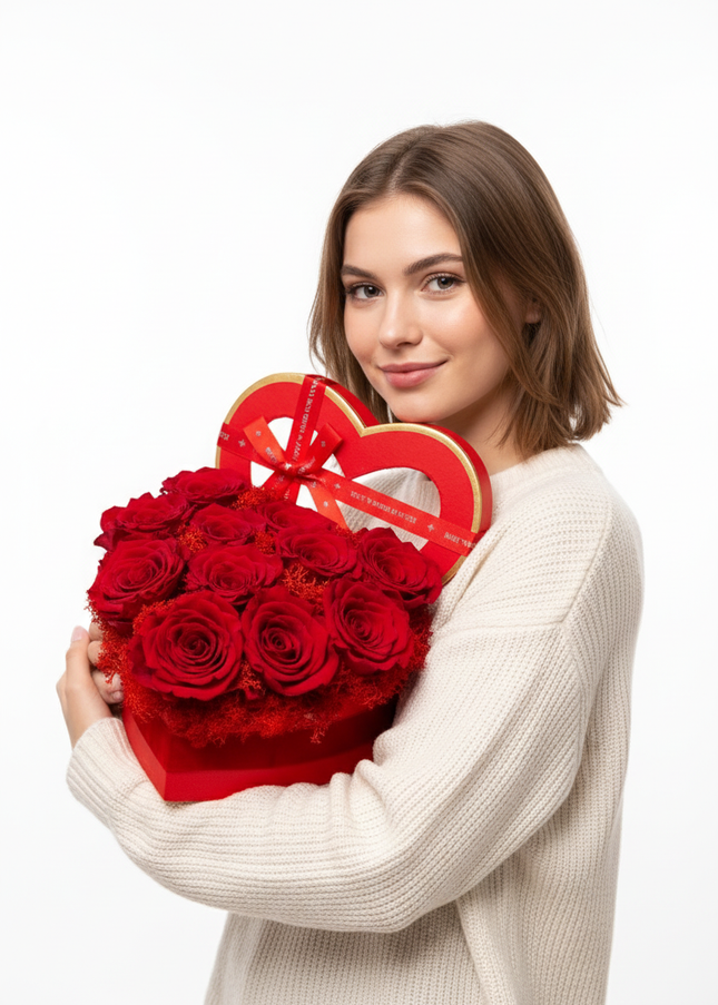 Aranjament Inimă Lux, 11 Trandafiri Criogenați Roșii