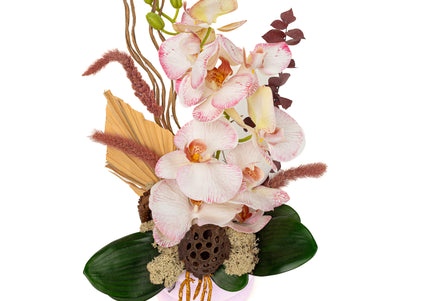 Aranjament Floral „Pink Velvet Orchid” în Vas Lila – Compoziție Premium cu Orhidee Pastel, Palmier și Accente de Bumbac