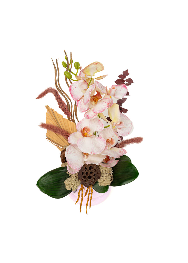 Aranjament Floral „Pink Velvet Orchid” în Vas Lila – Compoziție Premium cu Orhidee Pastel, Palmier și Accente de Bumbac