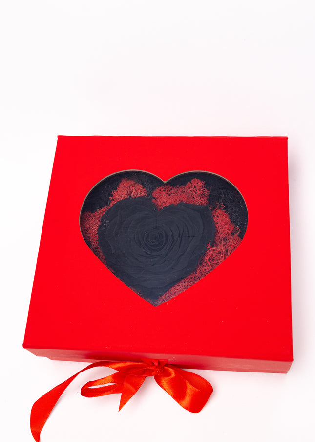 Trandafir Criogenat Negru Inimă Handmade, Cutie Roșie