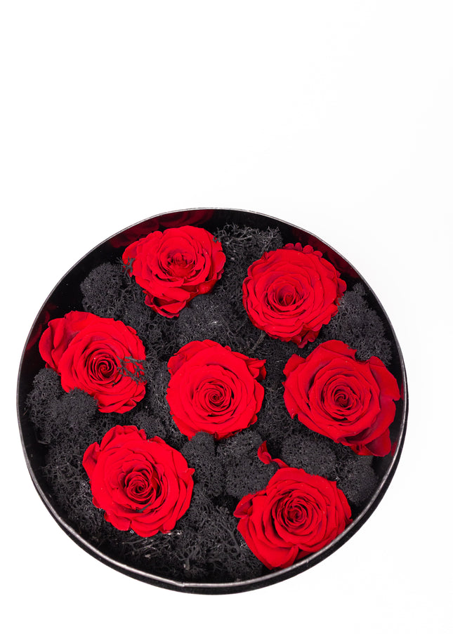 Aranjament Lux 5 Trandafiri Criogenați Roșii, Cutie Catifea Neagră