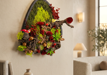 Tablou „Crimson Grove” cu licheni stabilizați și accente roșii – decor natural cu elemente botanice