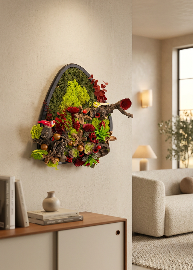 Tablou „Crimson Grove” cu licheni stabilizați și accente roșii – decor natural cu elemente botanice