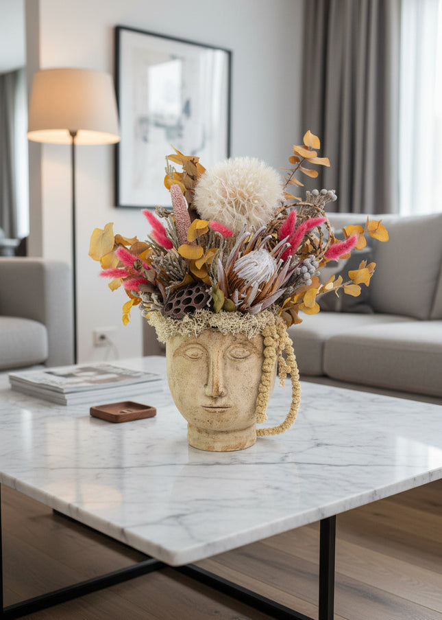Aranjament Floral „Muse of Autumn” în Vas Sculptural – Creație Handmade cu Protea, Eucalipt Galben și Accente Roz Fucsia