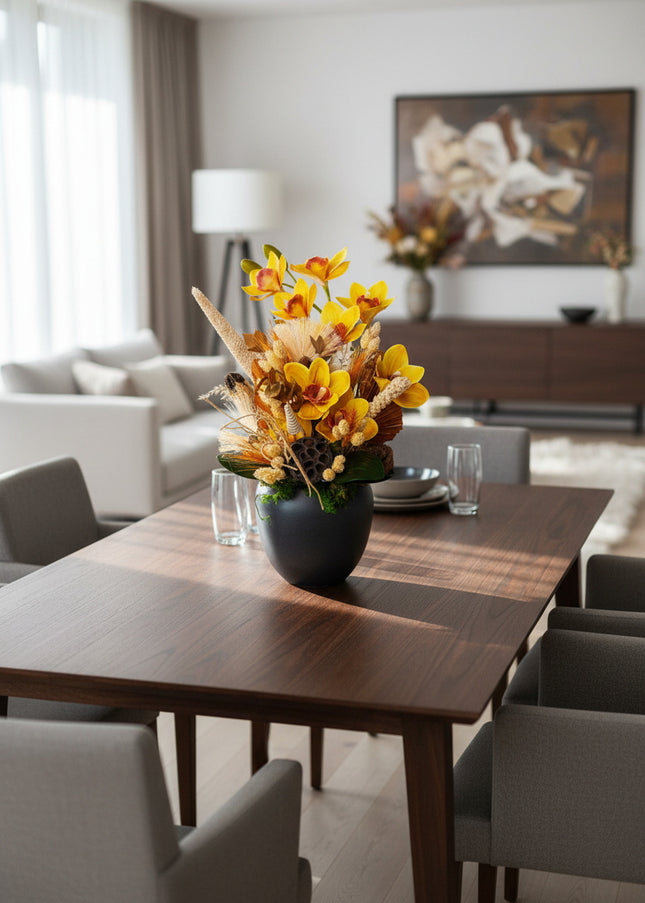 Aranjament floral „Amber Bloom” în vas ceramic – orhidee galbene și accente naturale