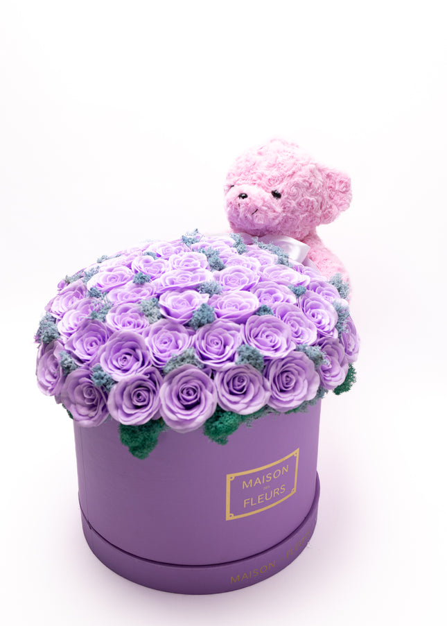 Aranjament Grandios 51 Trandafiri Imperiali Săpun Mov & Ursulet