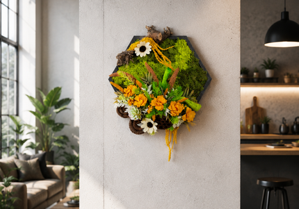 Tablou decorativ „Amber Garden” – cu mușchi și flori