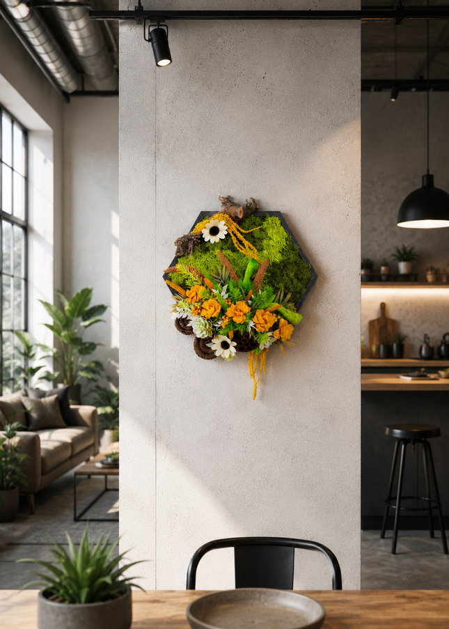 Tablou decorativ „Amber Garden” – cu mușchi și flori