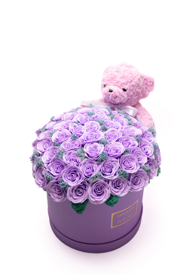 Aranjament Grandios 51 Trandafiri Imperiali Săpun Mov & Ursulet
