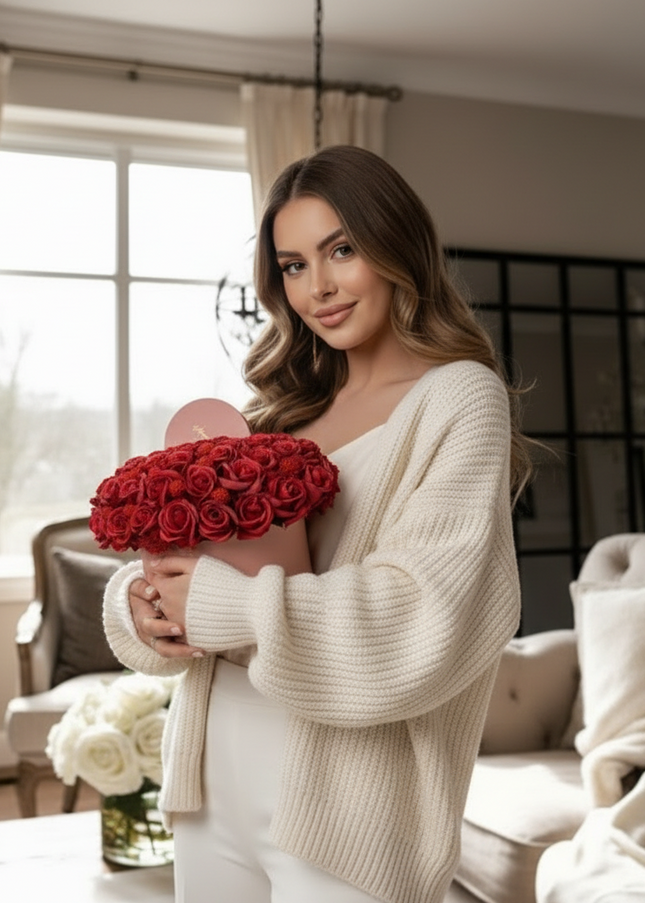 Aranjament "Burgundy Passion" în Cutie Inimă Roz Prăfuit