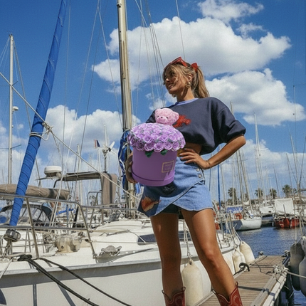 Aranjament Grandios 51 Trandafiri Imperiali Săpun Mov & Ursulet