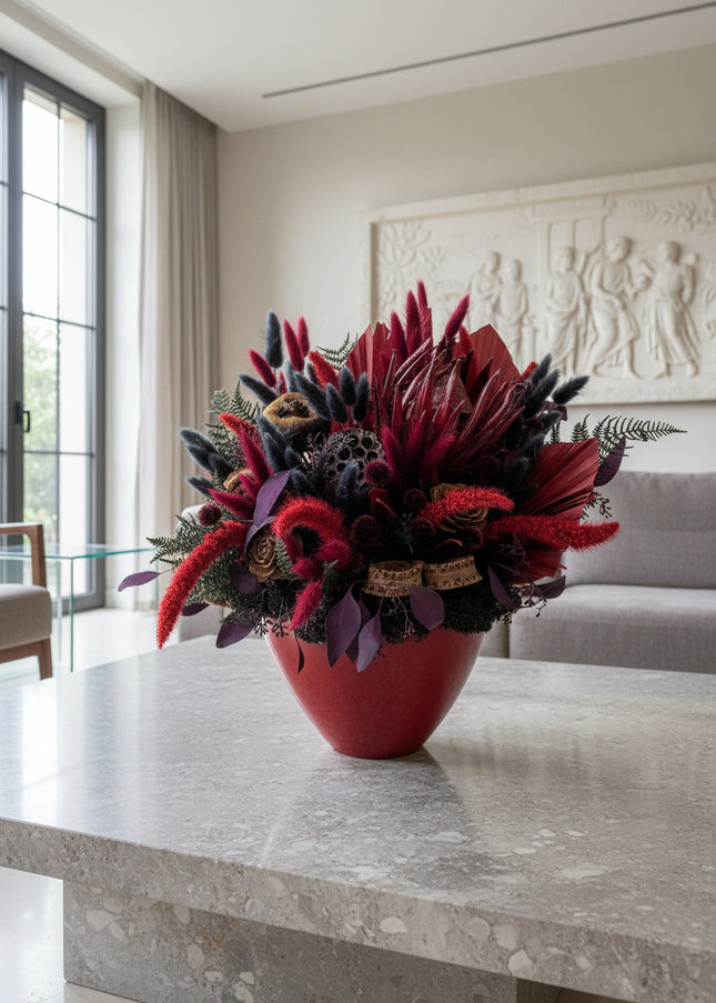 Aranjament Floral „Scarlet Royalty” în Vas Bordo – Compoziție Luxury cu Protea King, Evantai Palmier și Accente Negru Abis