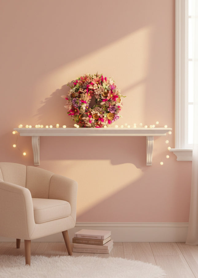 Coroniță Florală „Wildflower Celebration” – Aranjament Handmade Bogat cu Flori Uscate, Criogenate și Accente Boho