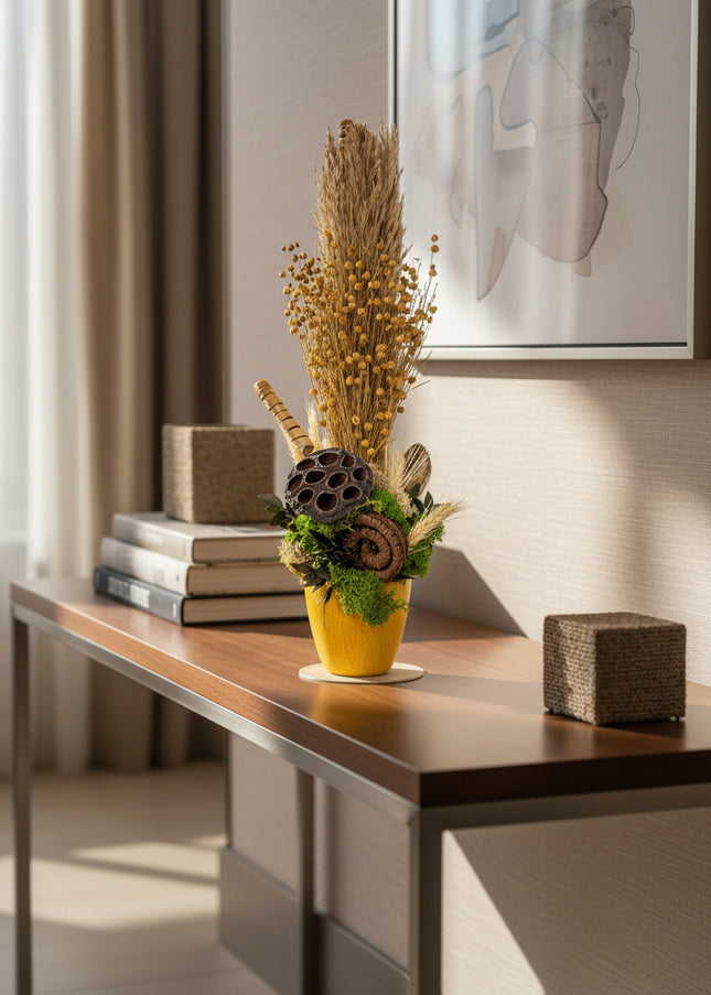 Aranjament Floral „Harvest Whisper” în Vas Galben – Compoziție Verticală cu Plante Uscate de Câmp, Lotus și Licheni