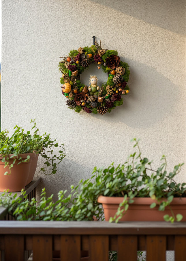 Coroniță Decorativă „Spiritul Pădurii” – Aranjament Handmade cu Mușchi Stabilizat, Conuri și Figurină