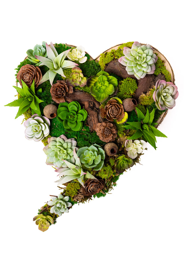 Tablou decorativ „Green Heart Succulent” – inimă cu plante suculente și mușchi stabilizat