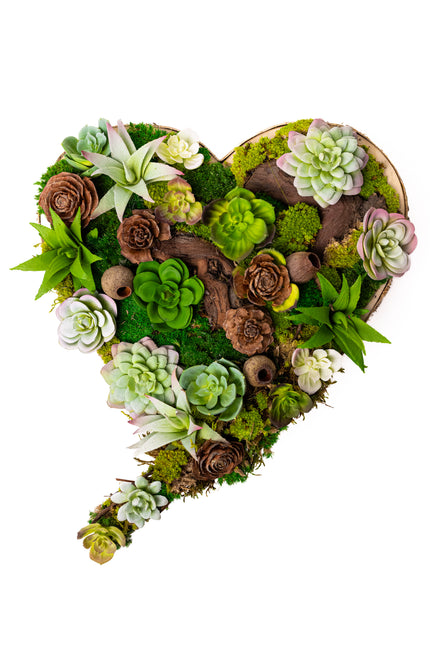 Tablou decorativ „Green Heart Succulent” – inimă cu plante suculente și mușchi stabilizat