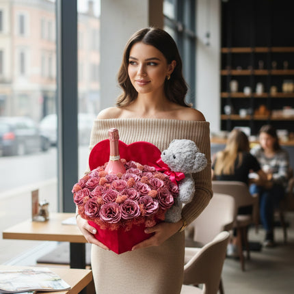 Aranjament Inimă Catifea, 31 Trandafiri Săpun Roz Glitter, Șampanie & Ursuleț