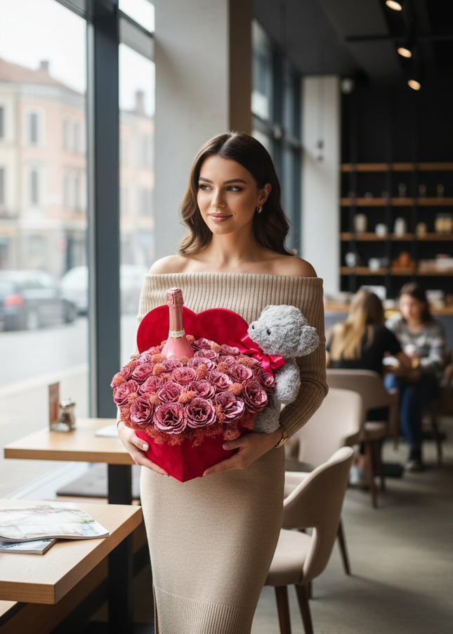 Aranjament Inimă Catifea, 31 Trandafiri Săpun Roz Glitter, Șampanie & Ursuleț