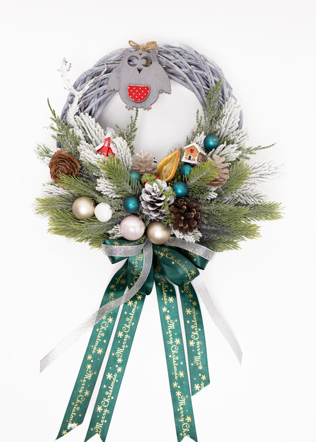 Coroniță Crăciun "Wise Owl" pe Lemn Împletit Gri-Lavandă